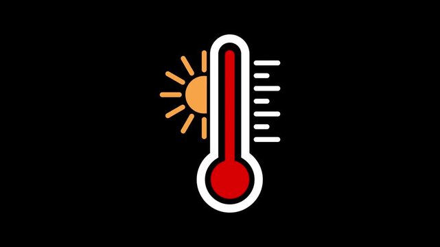 Animated thermometer with sun icon showing high temperature for summer season and hot weather. Animated thermometer icon on black background. Thermometer Icon for Temperature Measurement. 4k video