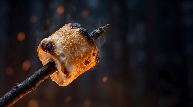 Toasting marshmallow on wooden stick over campfire.