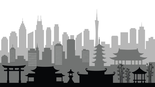 Asian city skyline silhouette blending traditional temples and pagodas with modern urban skyscrapers