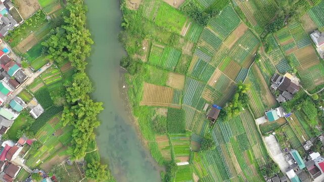 Aerial footage of That Khe town in Lang Son province, Vietnam, showing a patchwork of agricultural fields, a winding river, and urban residential areas.