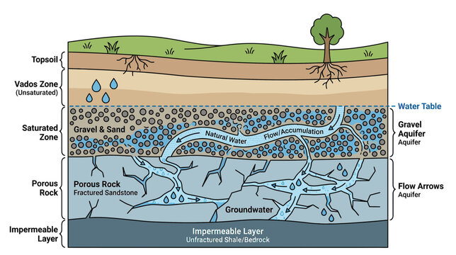 Groundwater Aquifer Diagram with Layers and Water Flow