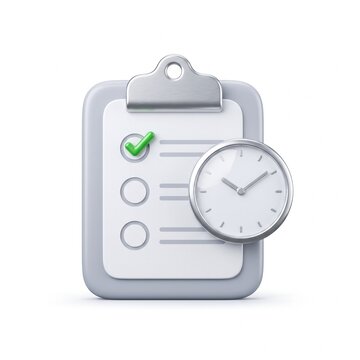 3D clipboard with clock icon, productivity checklist with green checkmark, time management and task scheduling concept