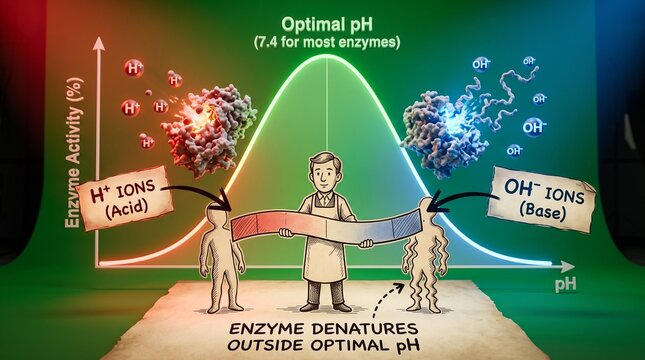 Enzyme activity graph showing denaturation at extreme pH levels in biological science