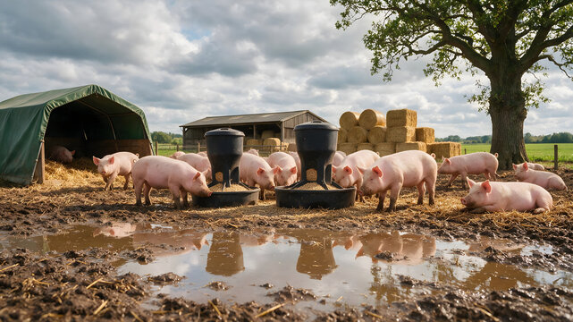 Young pigs feeding at round feeders in a muddy outdoor farmyard with hay bales and a cloudy sky