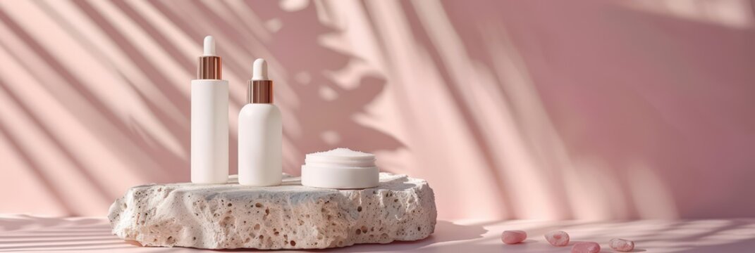 Skincare bottles and cream jars on natural stone with soft pink background for mother's day product display and banner design. Copy space. Mock-up