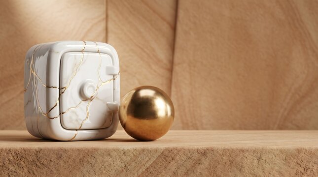 3D glazed ceramic and gold kintsugi wealth vault on sandstone background