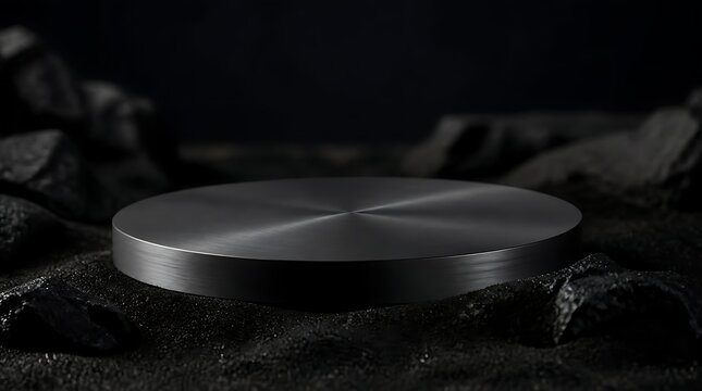 Minimalist dark podium for product display with textured background.