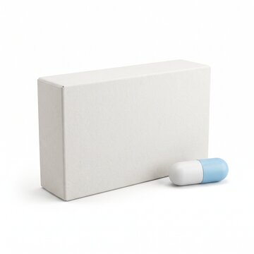 Blank white medicine box with blue pill capsule. Pharmaceutical packaging mockup. Medical drug container for healthcare branding.