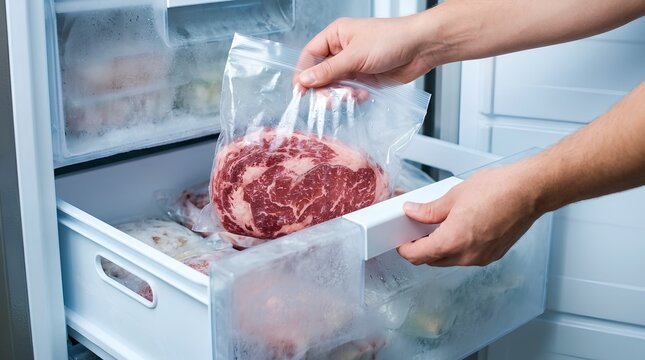 Hands Taking Frozen Raw Beef Steak in Plastic Zipper Bag from Deep Freezer Drawer