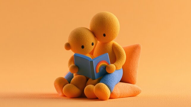 A child and an adult connect over a rainbow book while sitting together on a soft pillow in a cozy space. They share a warm moment.