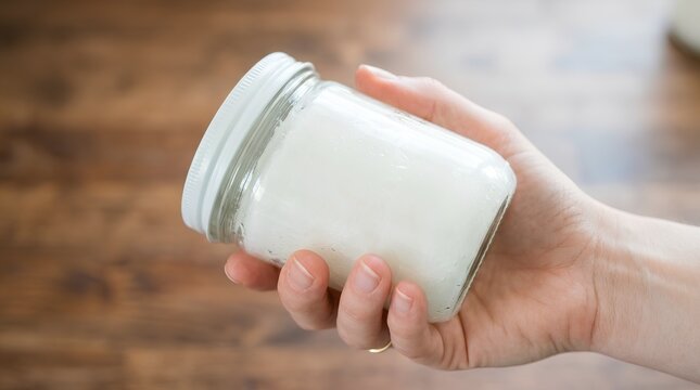 Hand Holding Glass Jar with White Cream Balm or Organic Coconut Oil Product Mockup