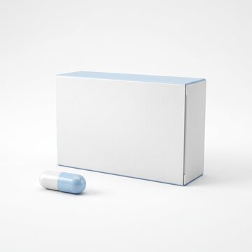 Blank medicine box mockup with blue pill capsule, white pharmaceutical packaging, medical product container for branding