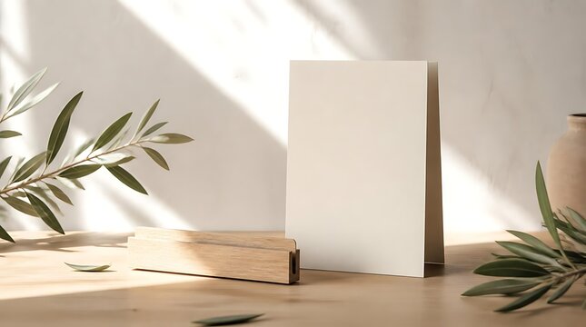 Minimalist scene with blank canvas and olive branches casting shadows.
