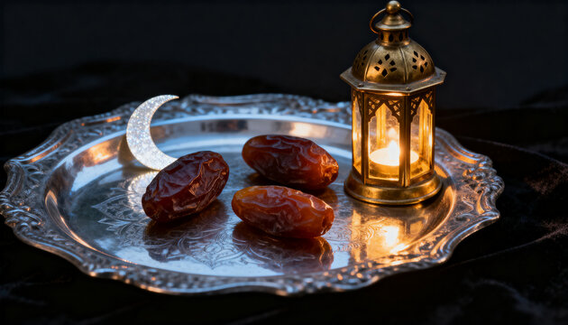 Sweet brown date fruits served on ornate silver platter with glowing lantern and crescent moon decor