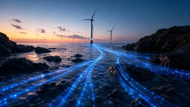 Offshore Wind Turbines and Glowing Energy Streams: Majestic offshore wind turbines stand silhouetted against a serene twilight sky.