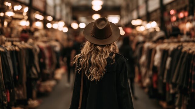 Woman with curly hair wearing brown hat exploring vintage clothing market surrounded by racks of apparel and warm lights creating cozy atmosphere