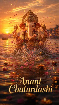 Lord Ganesha idol immersed in a sacred river at sunset with flowers and oil lamps. Anant Chaturdashi celebration symbolizing devotion, prayer, ritual, and spiritual immersion in India.