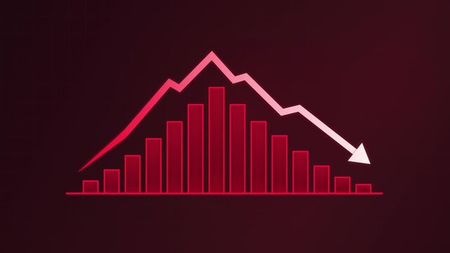 Animated financial chart showing market growth followed by a sharp decline, red bar graph and downward arrow symbolizing economic downturn, investment risk and business loss