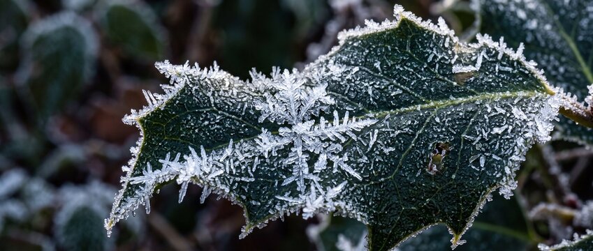 Close-up of vibrant green holly leaf covered with delicate white frost and ice crystals, capturing winter beauty and cold season texture.