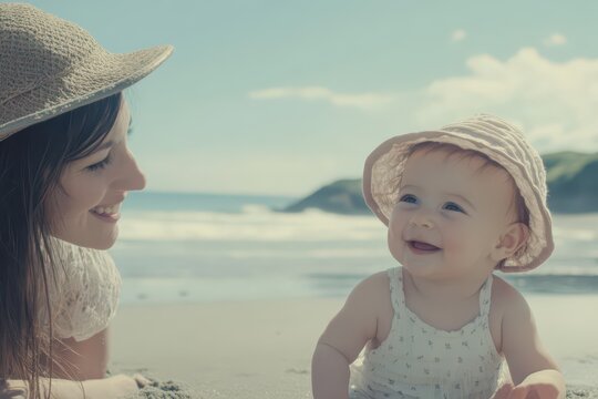 Mother and baby wearing sun hats smiling on the beach for national daughter day family portrait and summer lifestyle banner