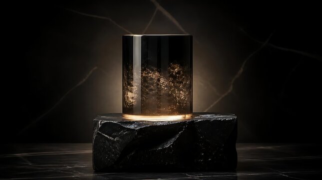 Elegant Whiskey Glass with Ice Cubes on a Dark Pedestal.
