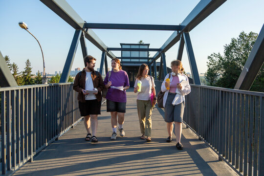Four students walking together on pedestrian bridge with books