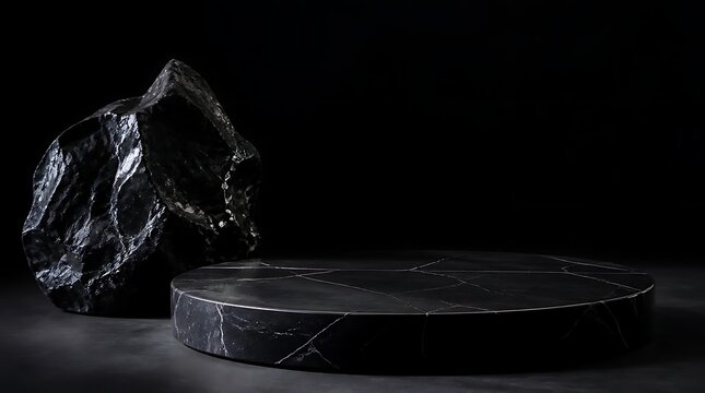 Dark Obsidian Rock and Marble Pedestal on Black Background.