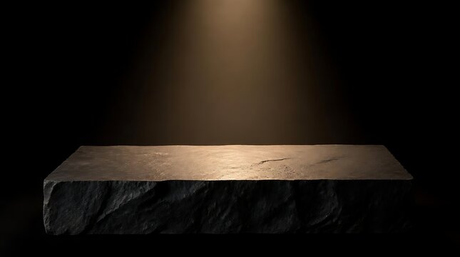 Empty stone display podium with spotlight on dark background.