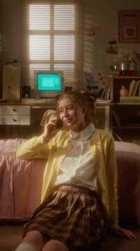 Vertical of Caucasian teenage girl sitting on bedroom floor, answering retro cordless phone and smiling. Perfect for nostalgic marketing campaigns or retro lifestyle storytelling