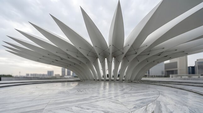 Modern architectural structure with a futuristic white canopy design and a reflective water surface in the foreground