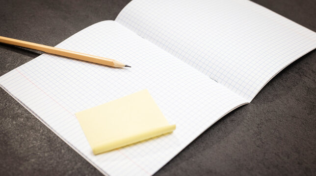 Open notebook with sticky notes and a wooden stick