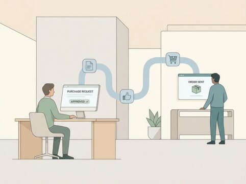 Two people working in an office setting, illustrating a digital purchase request workflow with approval and order confirmation on a computer