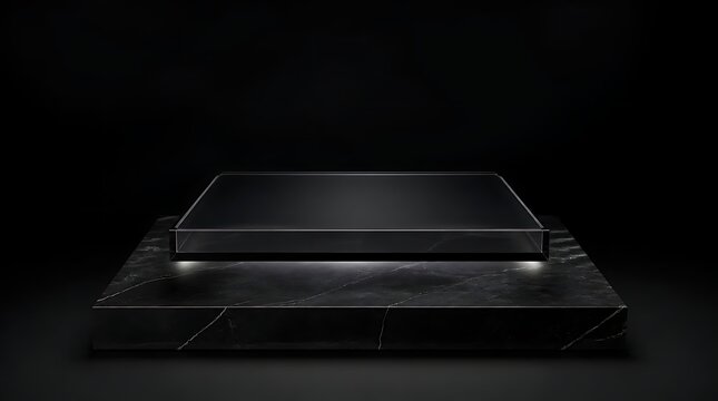 Minimalist dark stage podium for product display with subtle lighting.