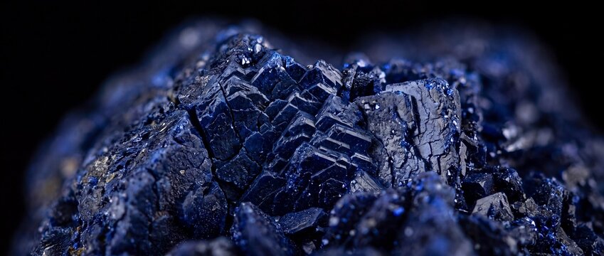 Macro view of blue azurite mineral crystals displays deep geometric structures and faceted dark patterns ideal for geological science education display materials.