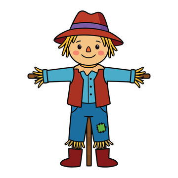 Cheerful scarecrow protecting farm crops
