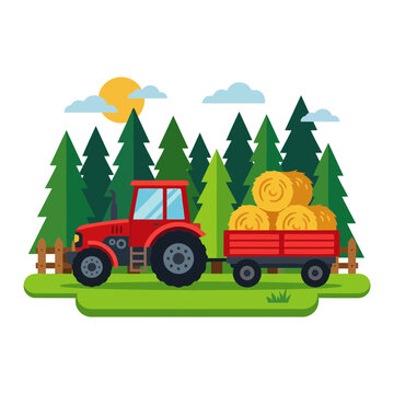 Red tractor harvesting crops outdoors