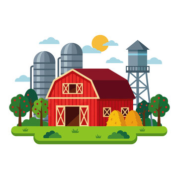 Colorful farm landscape with buildings
