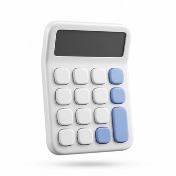 Minimalist 3D calculator icon with blue buttons, modern white electronic accounting tool, financial math device for business apps