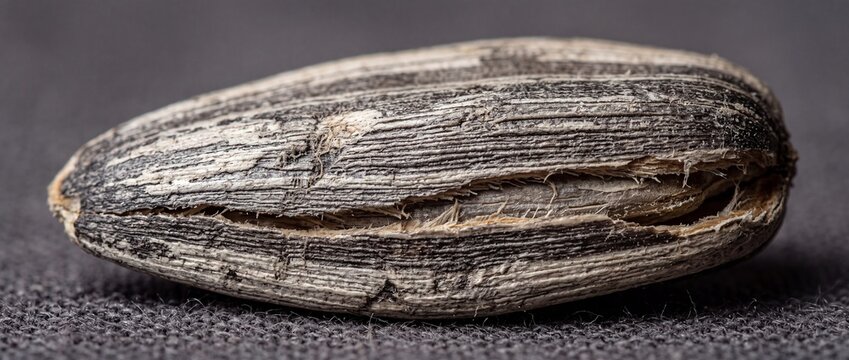Single striped sunflower seed in shell resting on textured gray fabric shows organic details and rustic texture suitable for healthy snack advertising materials.
