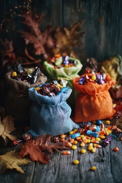 Small fabric sacks filled with halloween candy and candy corn with autumn leaves for rustic seasonal display, harvest party background and cozy fall decoration