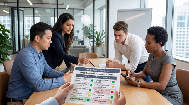 Business team conducting vendor risk assessment and evaluation, POV of hands holding paper with score board comparing two vendors' financial compliance and other concerns for decision making