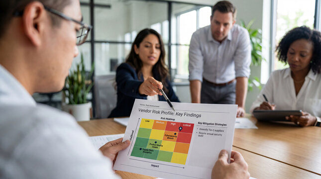Business team reviewing vendor risk profile with a risk heatmap showing low, medium, high and critical levels, and mitigation strategies for cybersecurity, product quality and supply chain risks