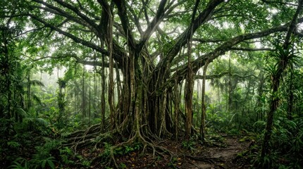 Fototapeta premium Ancient Banyan Tree in Lush Tropical Rainforest.