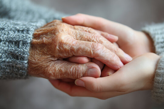 Young woman holding elderly wrinkled hand, offering support and care