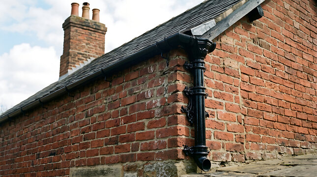 A vintage black cast iron downpipe attached to an old weathered red brick wall of a house