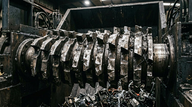 Industrial Metal Shredder Machine Processing Scrap in Factory