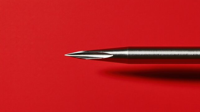 The sharp metallic tip of a pen creates a piercing visual contrast against the vibrant crimson surface which draws attention to precision engineering and specialized craftsmanship