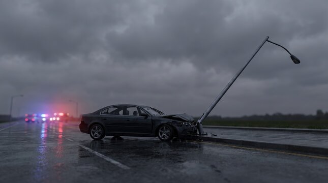 dark car crashed into street pole on wet road during storm. police emergency vehicles with flashing lights in background. traffic collision, insurance concept. banner, website header with copyspace.
