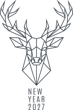 Minimalist geometric low poly deer head logo design for happy new year 2027 holiday celebration cards and abstract creative event banners