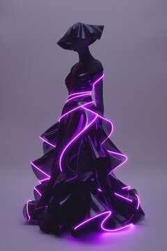 Black friday dramatic evening gown wrapped in neon pink led ribbon lights for wallpaper poster background and fashion banner
